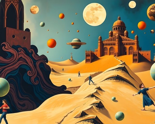 Surreal Desert Landscape with Celestial Bodies and Figures