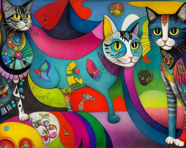 Colorful Artwork of Three Whimsical Cats with Patterns