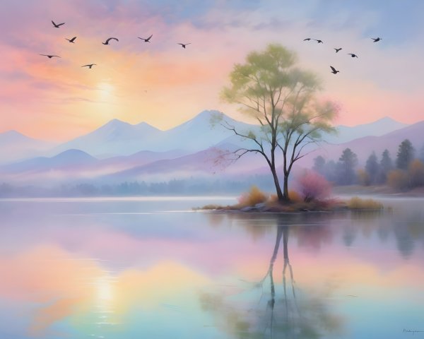 Tranquil Lake Landscape with Pastel Dawn Colors