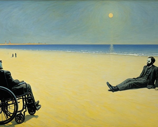 Surreal Beach Scene with Figures and Tranquil Ocean
