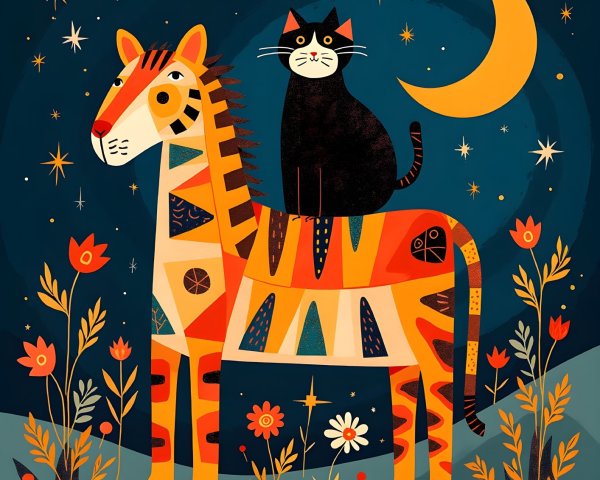Whimsical Zebra and Cat Under a Starry Night Sky