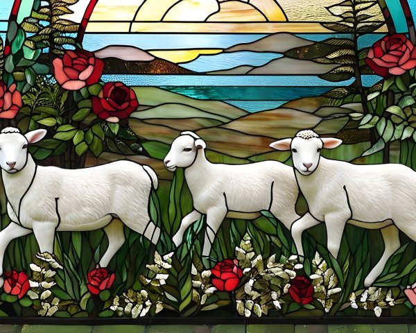 Vibrant Stained Glass Panel of Lambs in Nature