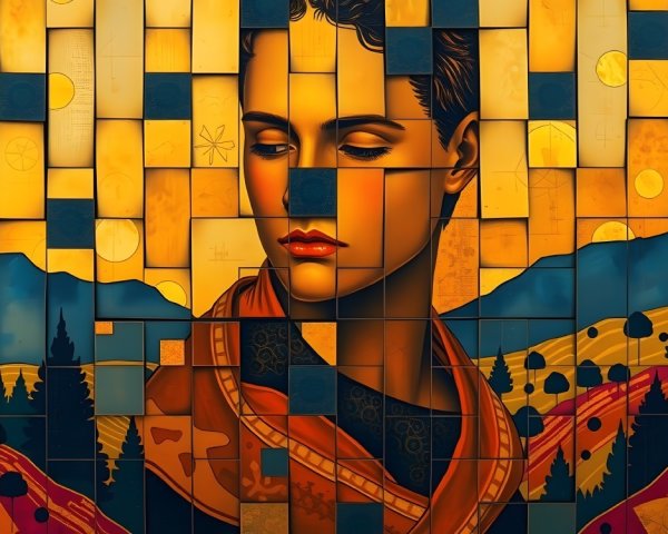 Mosaic Portrait with Golden Hues and Abstract Landscapes
