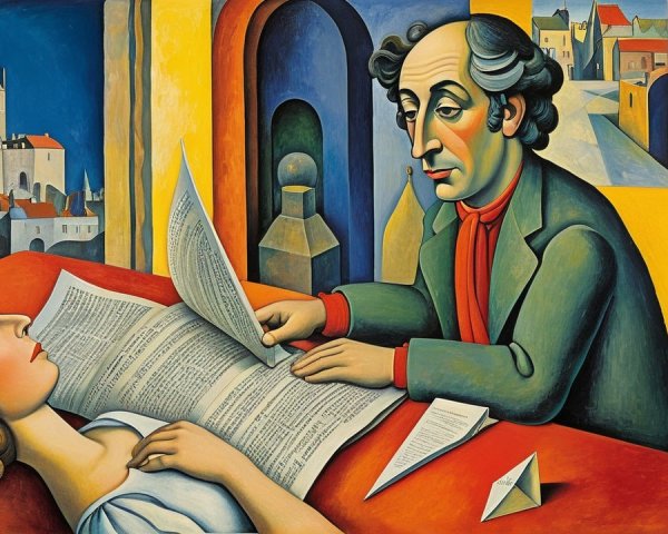 Cubist Scene of Formal Presentation in Colorful Town