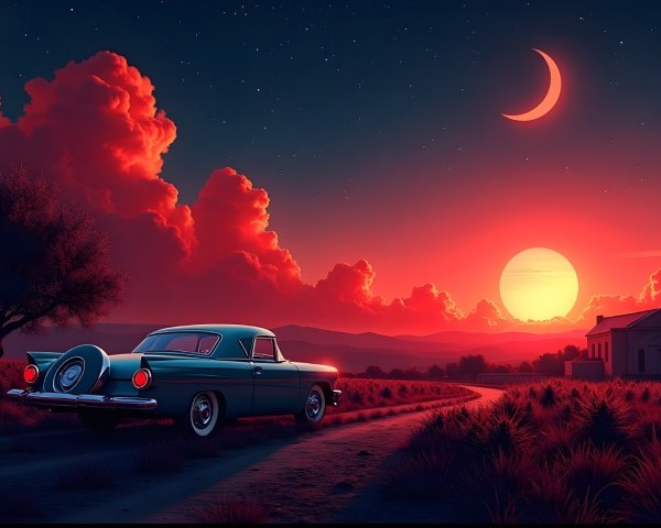 Vintage Car on Winding Road at Sunset with Church Silhouette