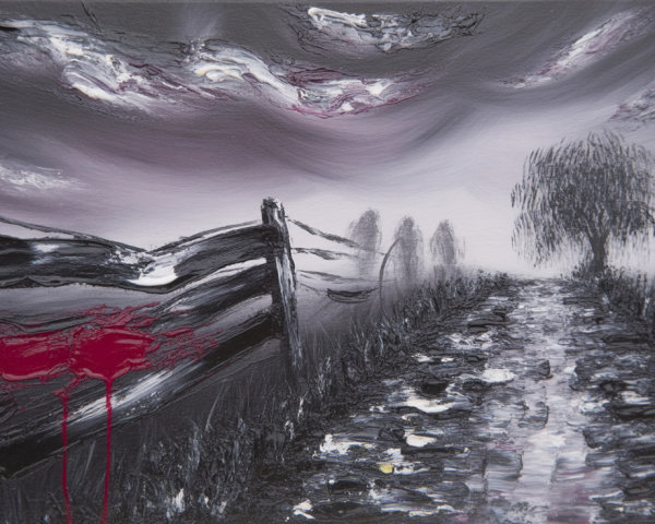 Monochrome Landscape with Red Accents and Figures