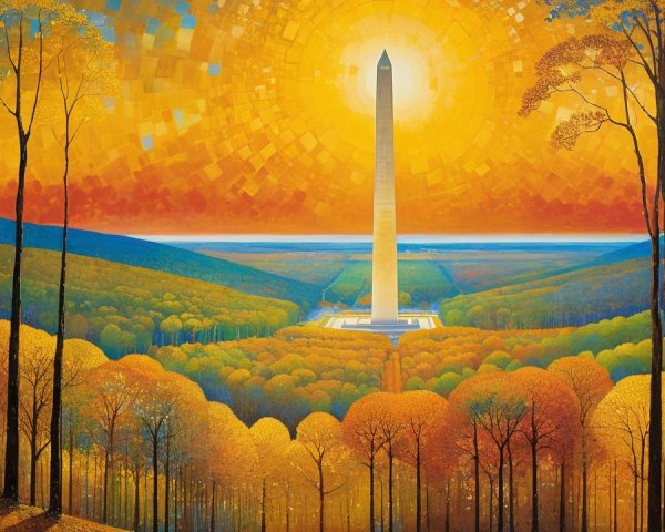 Vibrant Autumn Landscape with Tall Obelisk and Sunlight