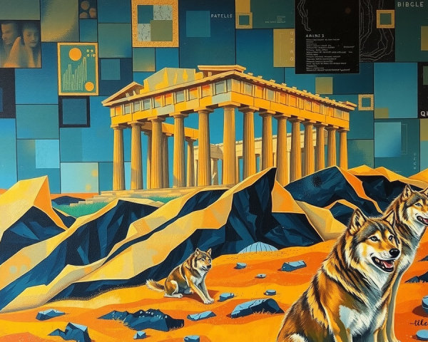 Stylized Parthenon with Wolves and Geometric Patterns