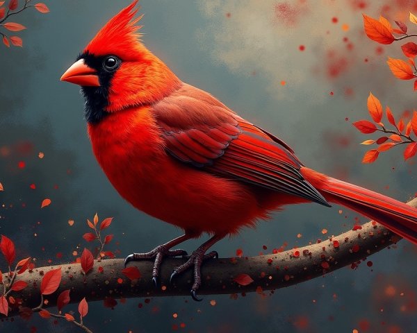Cardinal on Branch Amidst Autumn Leaves