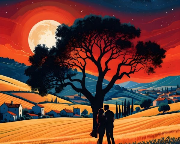 Silhouette of Couple Under Tree at Sunset