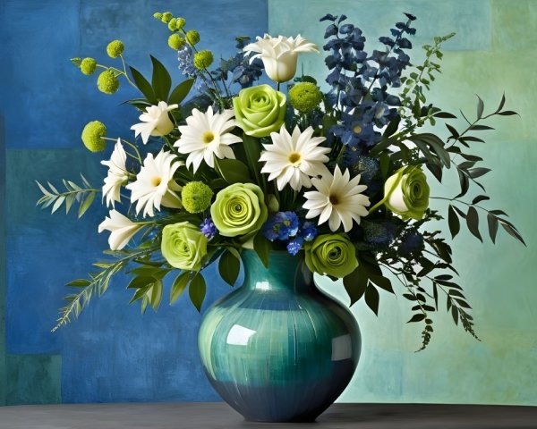 Vibrant Flower Arrangement in Blue-Green Vase