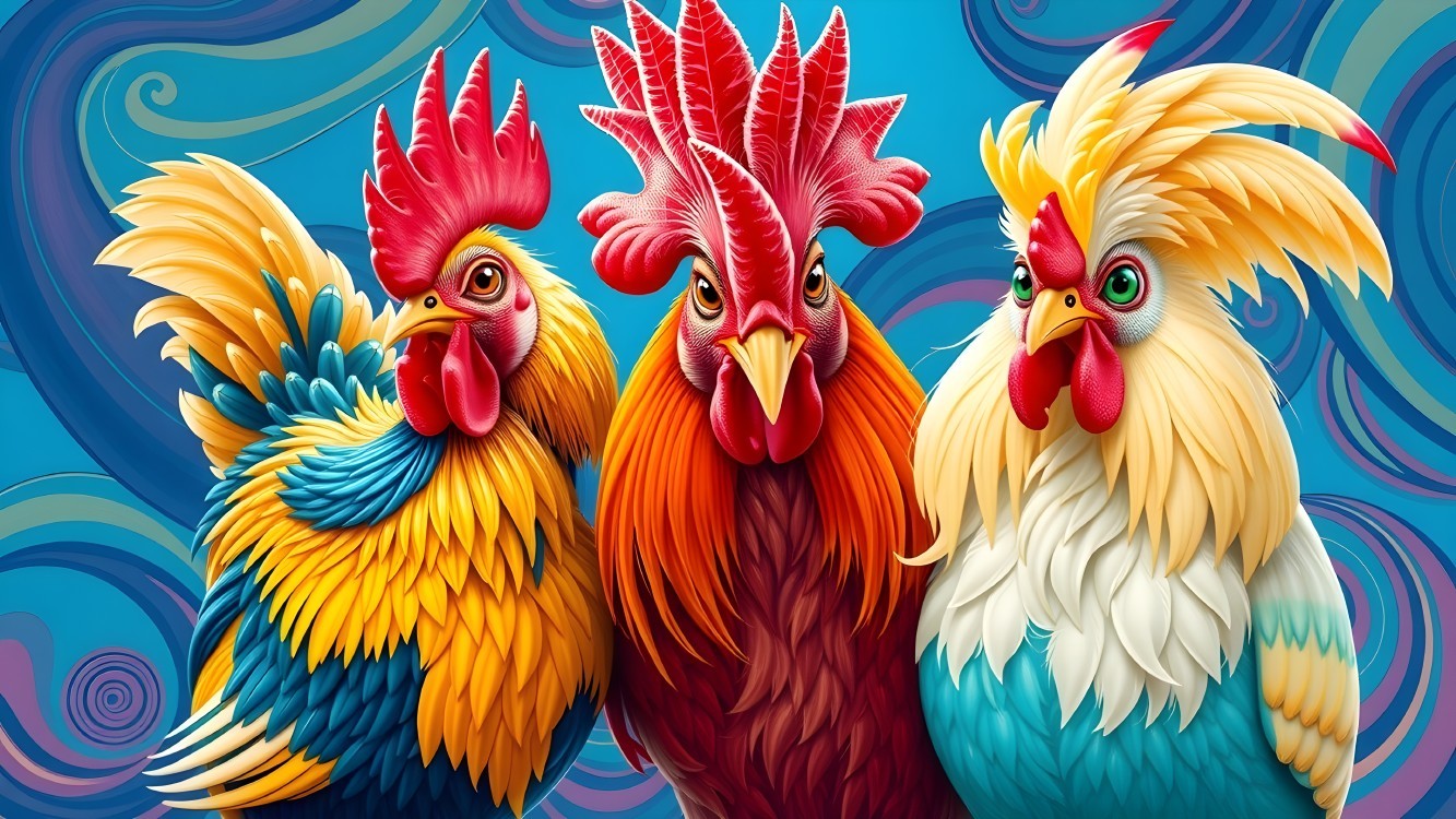 Three Colorful Roosters with Unique Plumage