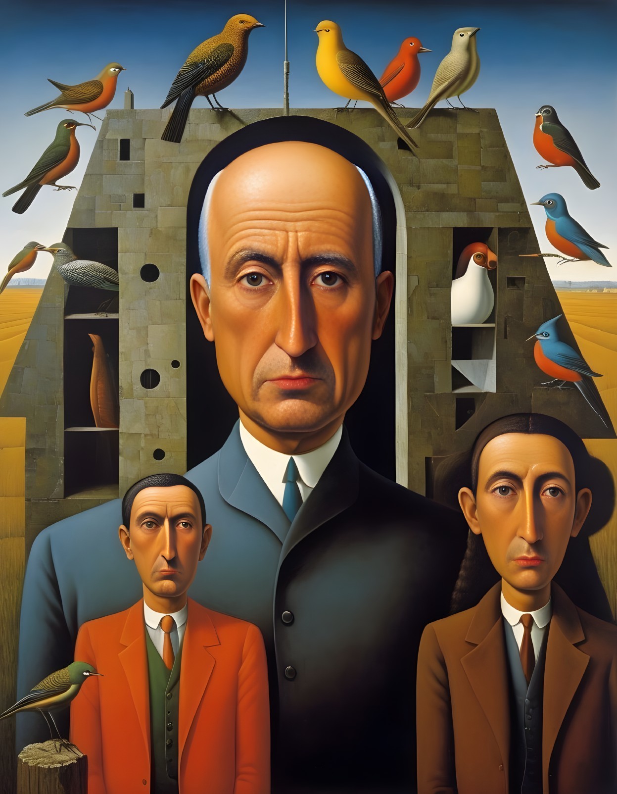 Three Stylized Figures with Geometric Structure and Birds