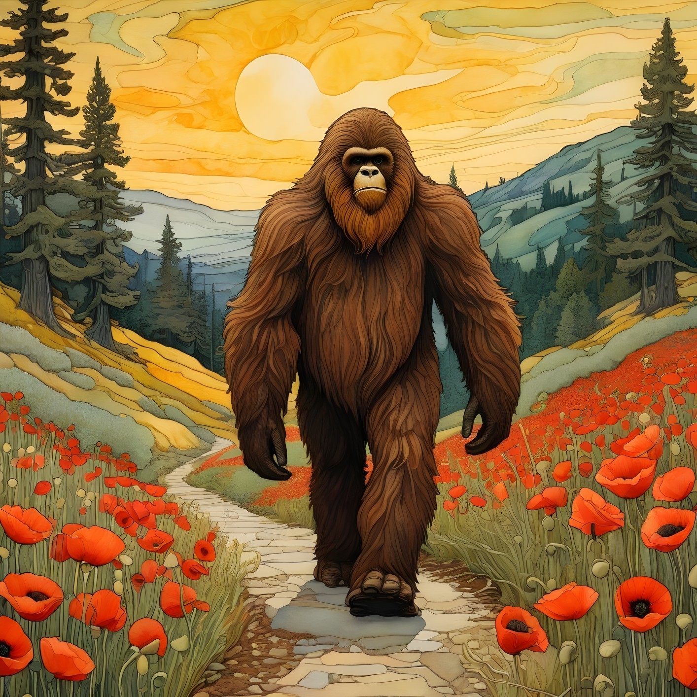 Anthropomorphic Bigfoot figure on a scenic stone path
