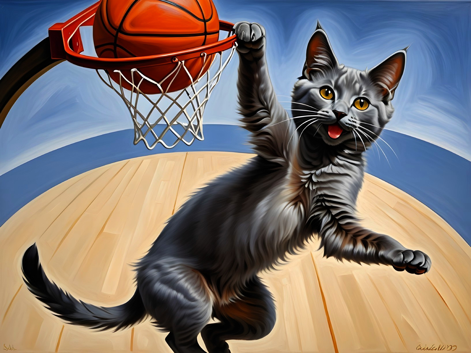 Playful Gray Cat Dunking Basketball in Mid-Air