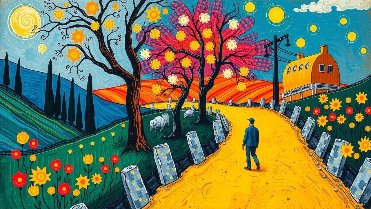 Vibrant Landscape with Farmhouse and Flowering Tree