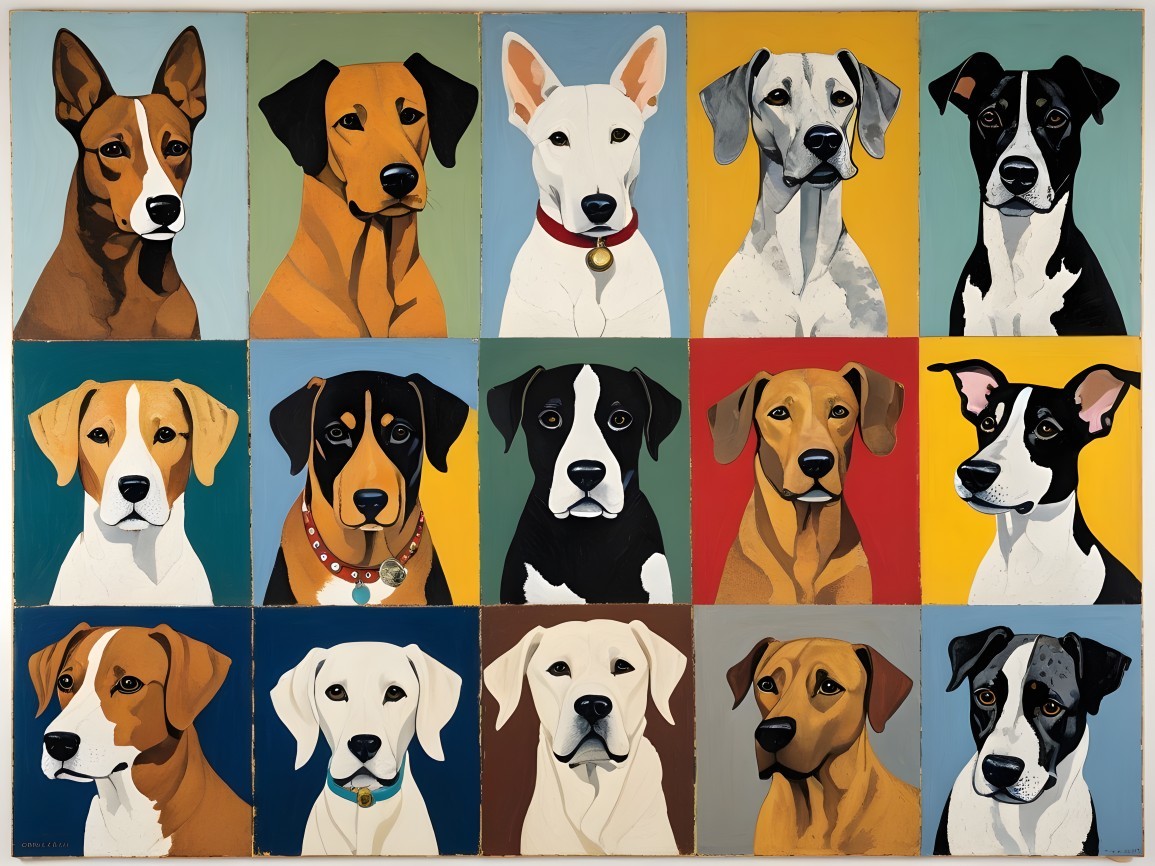 Vibrant Grid of Colorful Dog Portraits by Breed