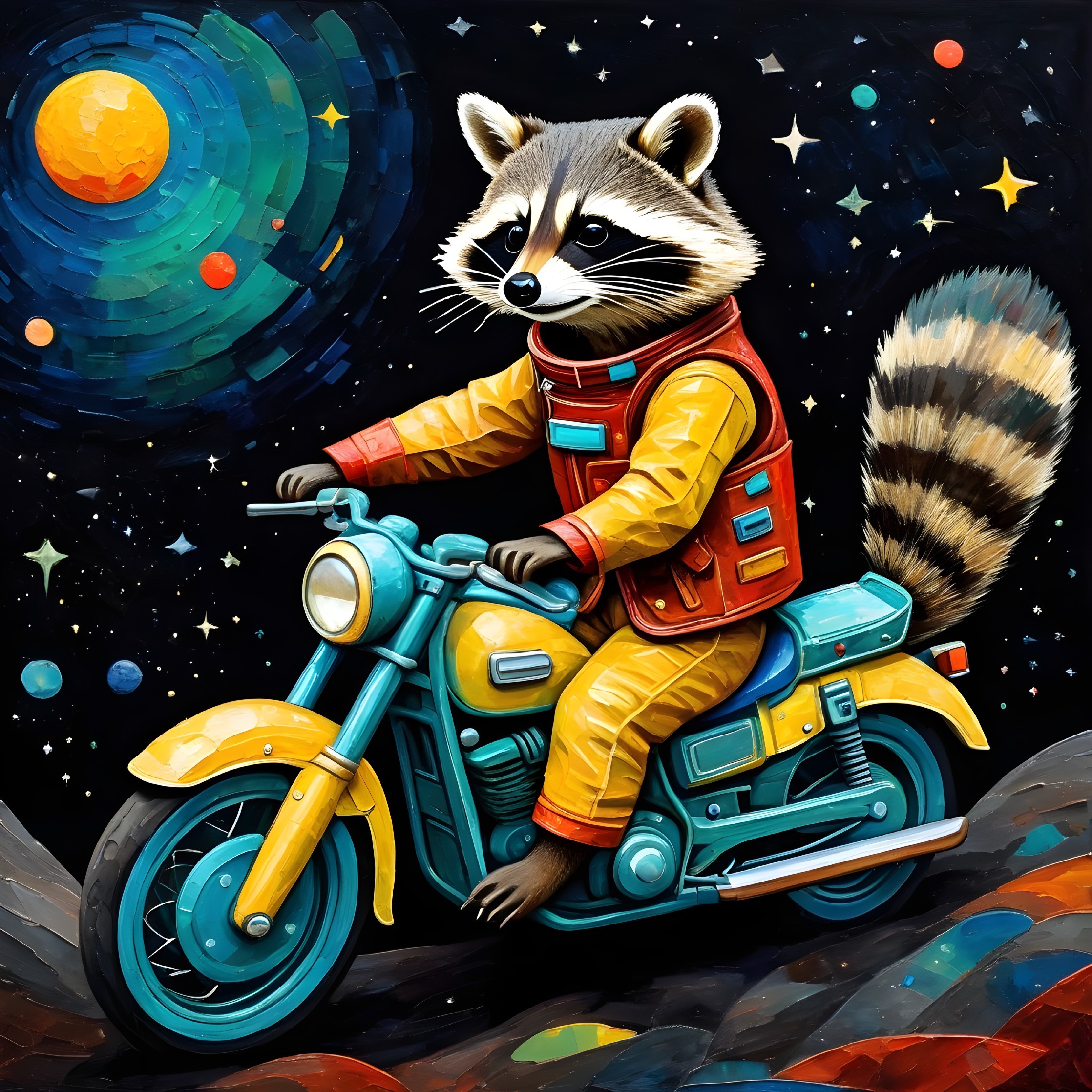 Raccoon in Astronaut Suit Riding Motorcycle in Space