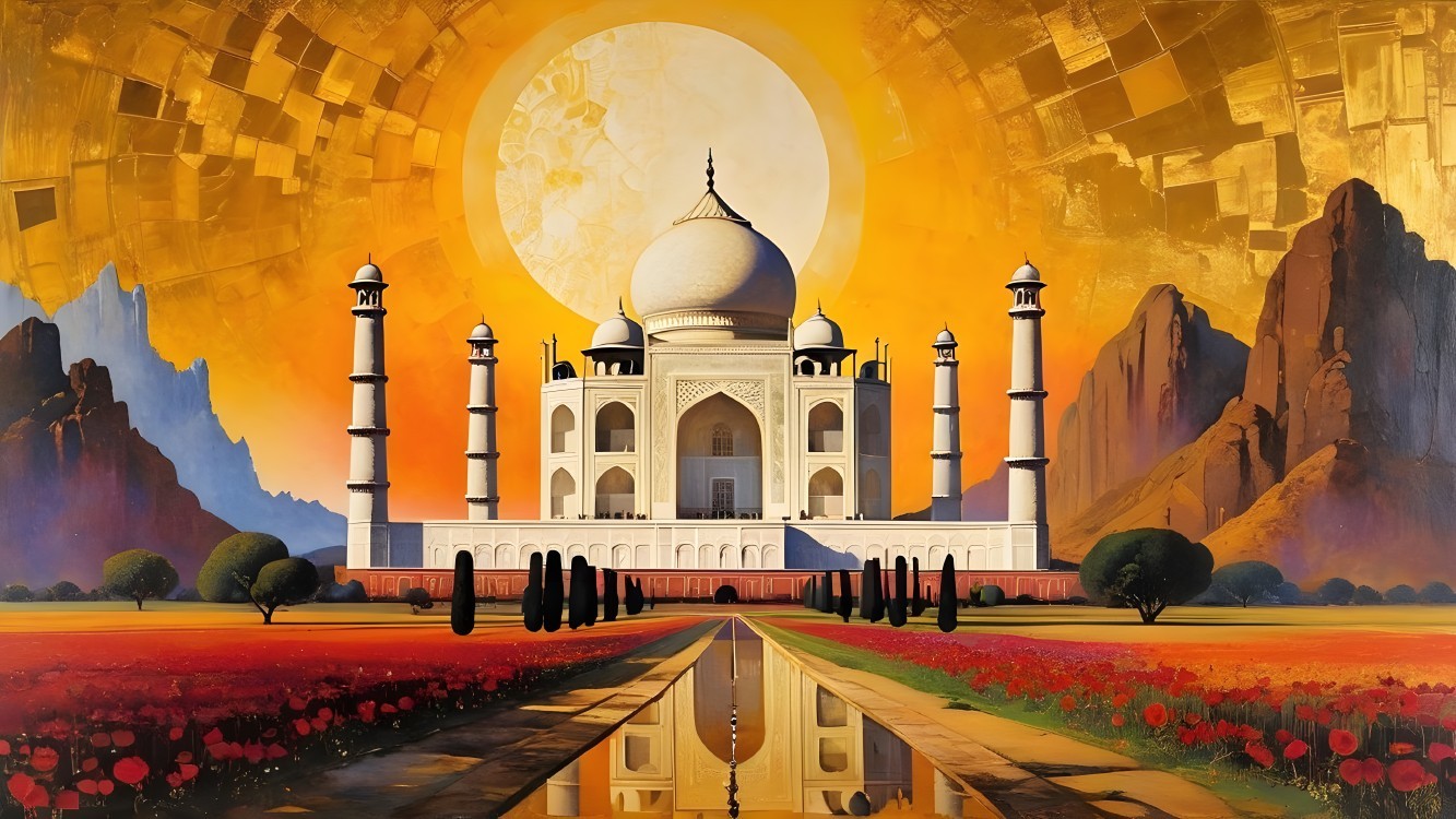 Taj Mahal at Sunset with Gardens and Mountains