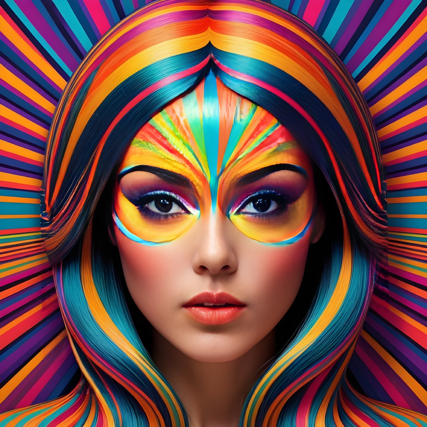 Portrait of a woman with multicolored hair and face paint