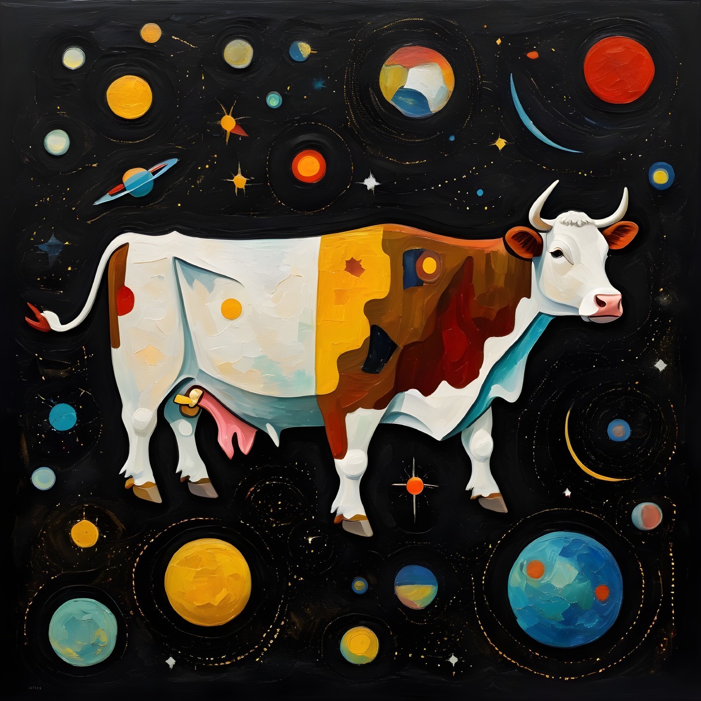 Vibrant Cow Against Cosmic Backdrop in Surreal Art