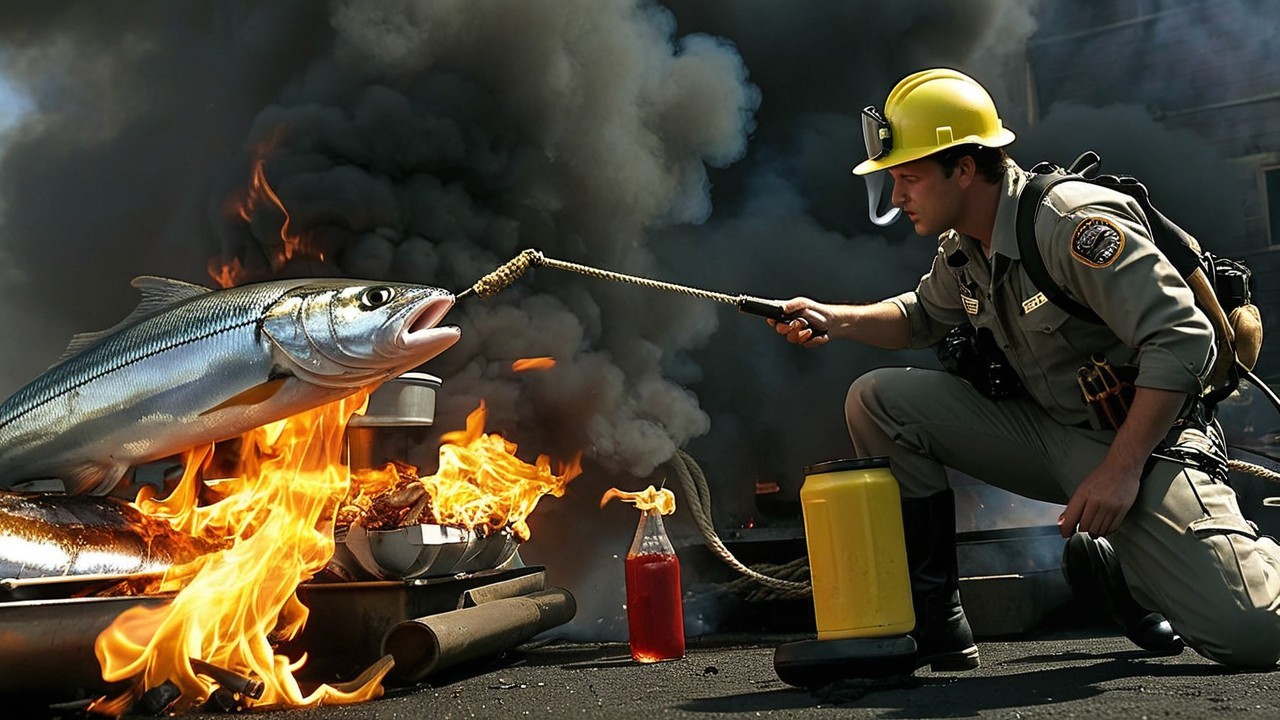 Firefighter Rescues Fish Amid Flames and Smoke