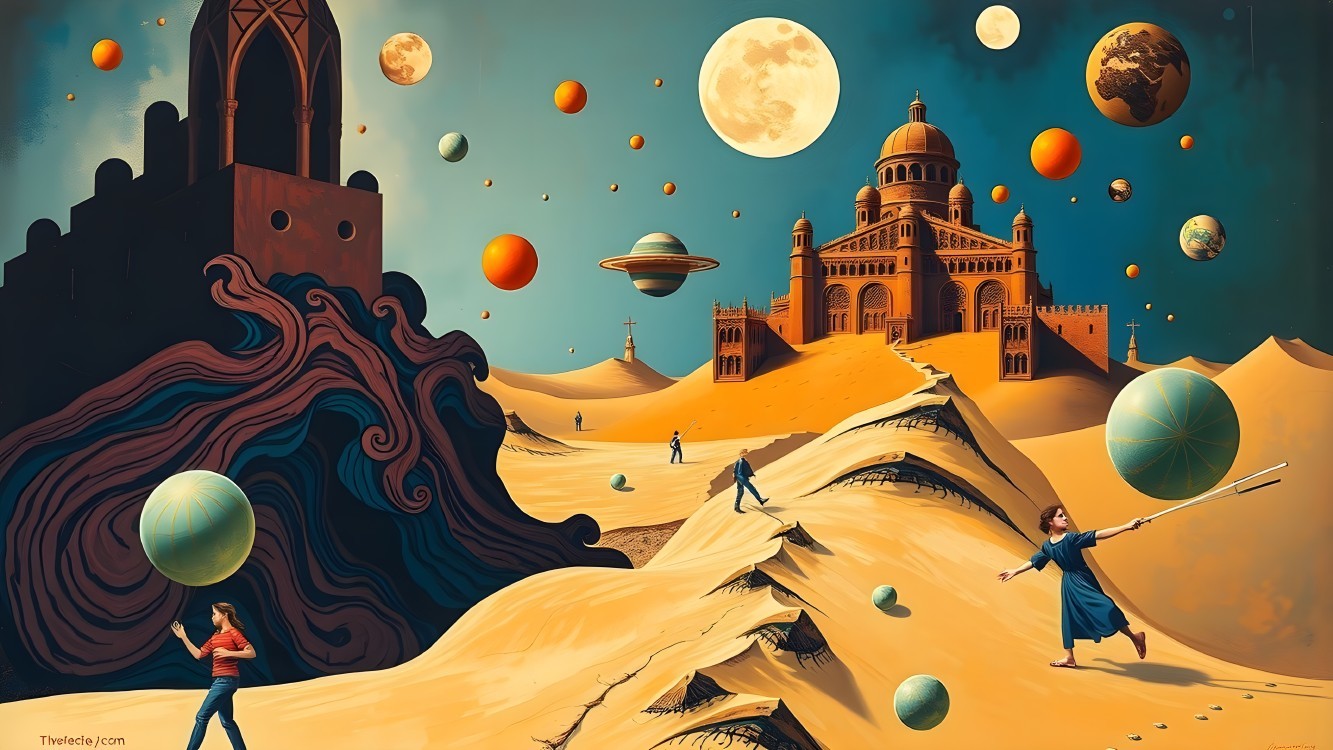 Surreal Desert Landscape with Celestial Bodies and Figures