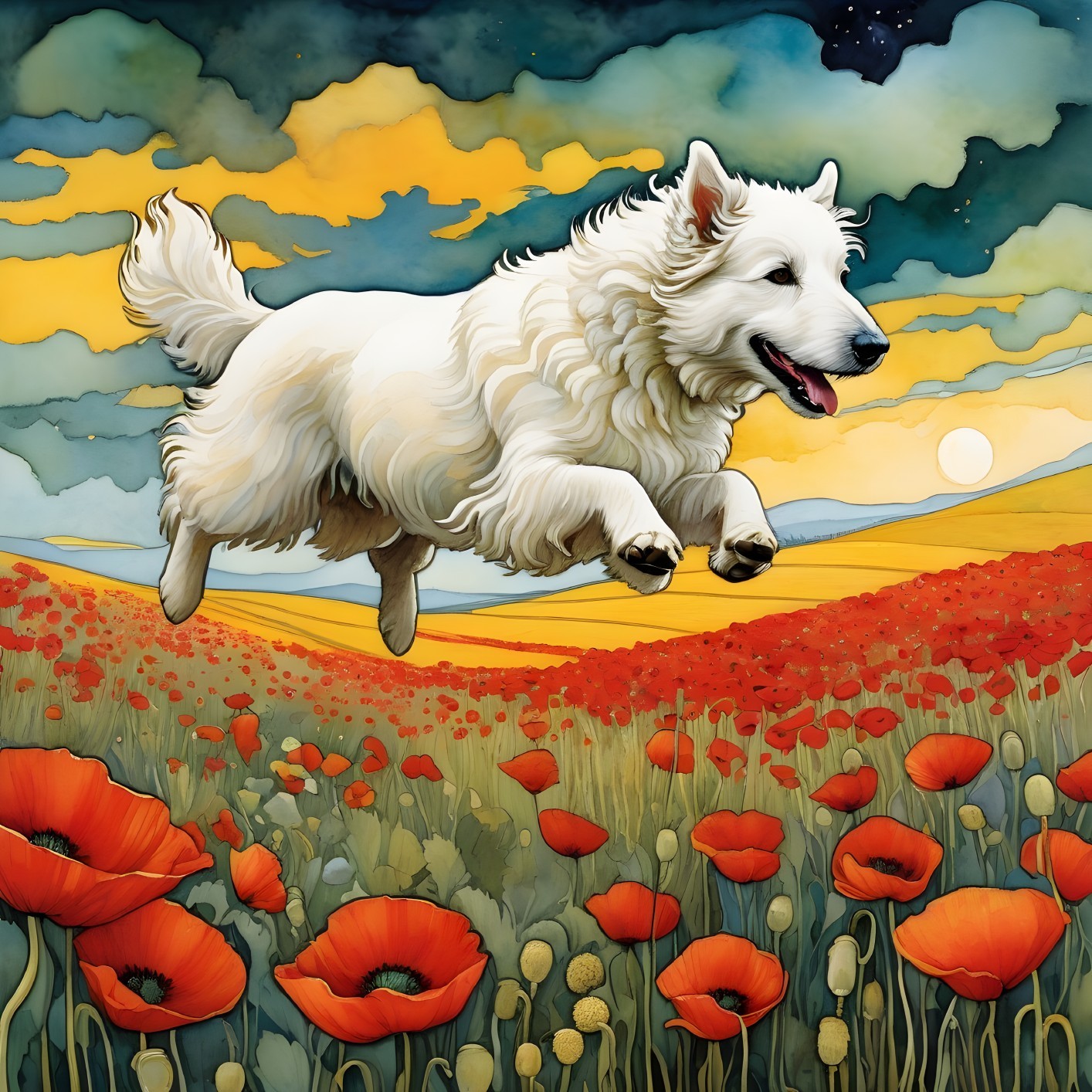 White Dog Leaping in Vibrant Poppy Field at Sunset
