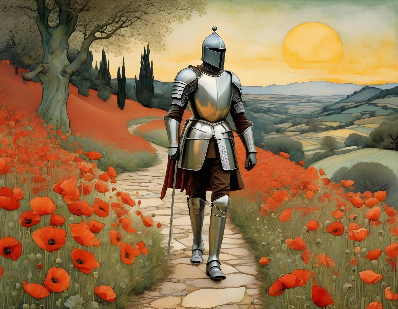 Medieval Knight in Armor Among Vibrant Poppy Field