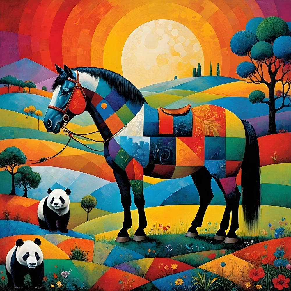 Vibrant landscape with horse, pandas, and bright flowers