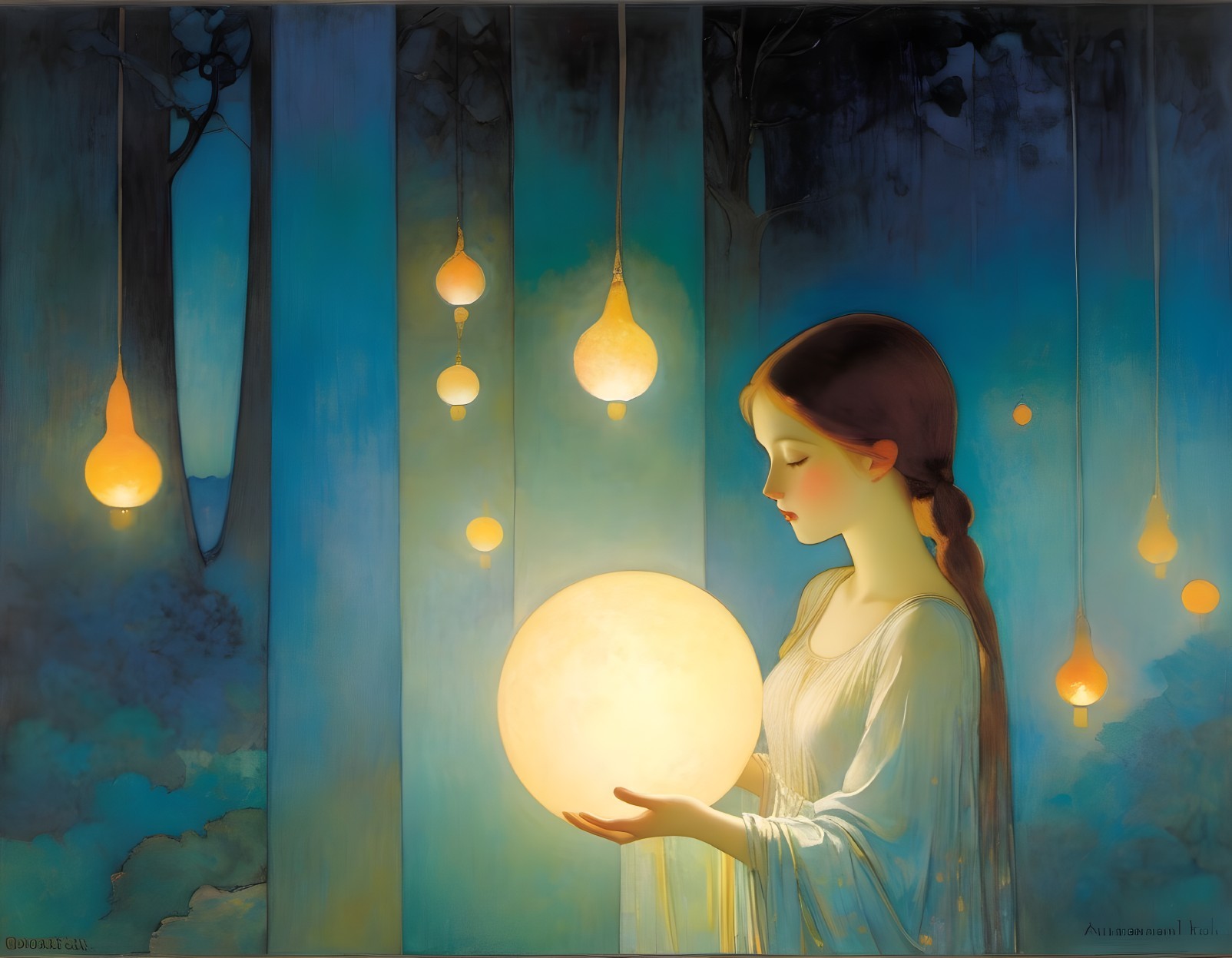 Ethereal Scene of Woman with Glowing Orb in Nature