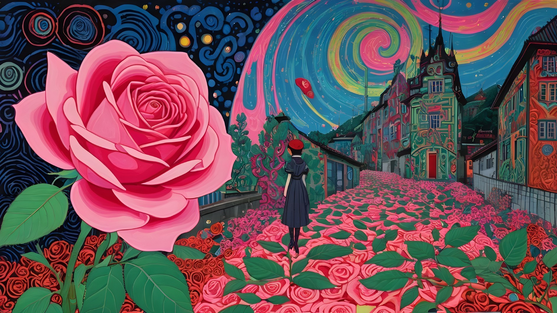 Surreal Landscape with Giant Pink Rose and Night Sky