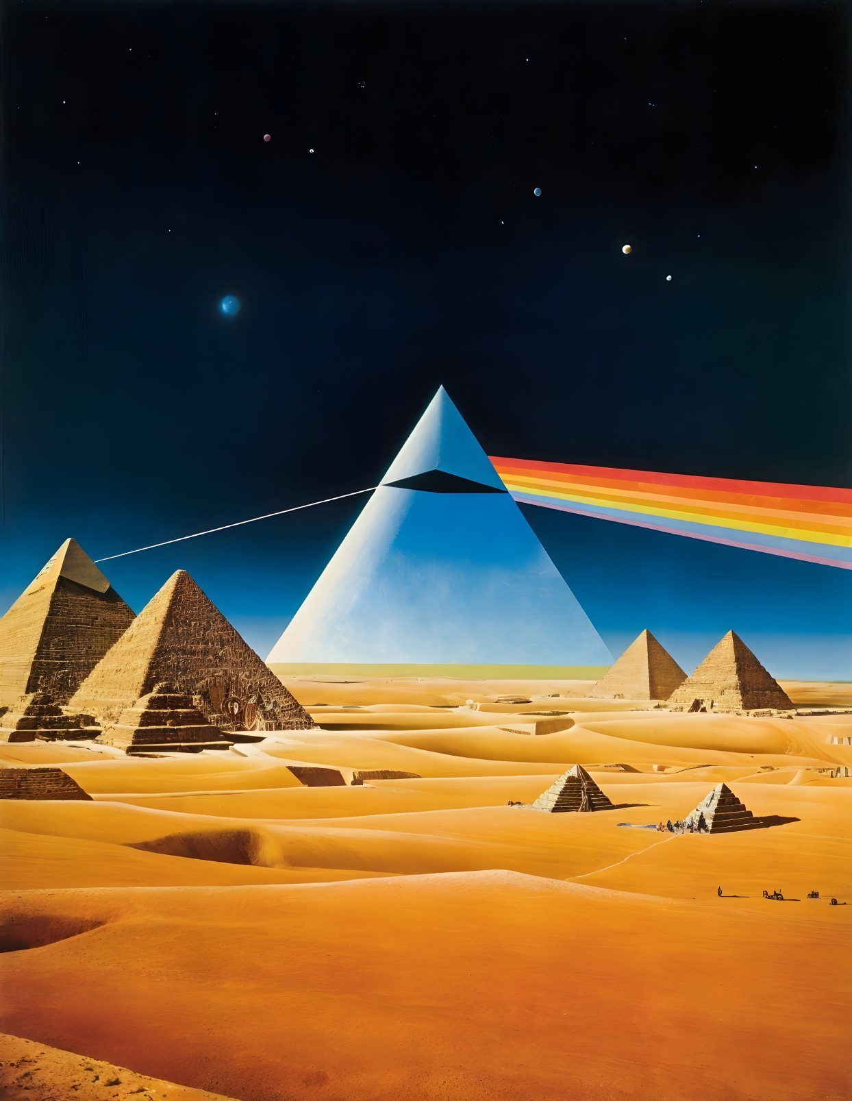 Pyramids of Giza Under Starry Sky with Rainbow Beam