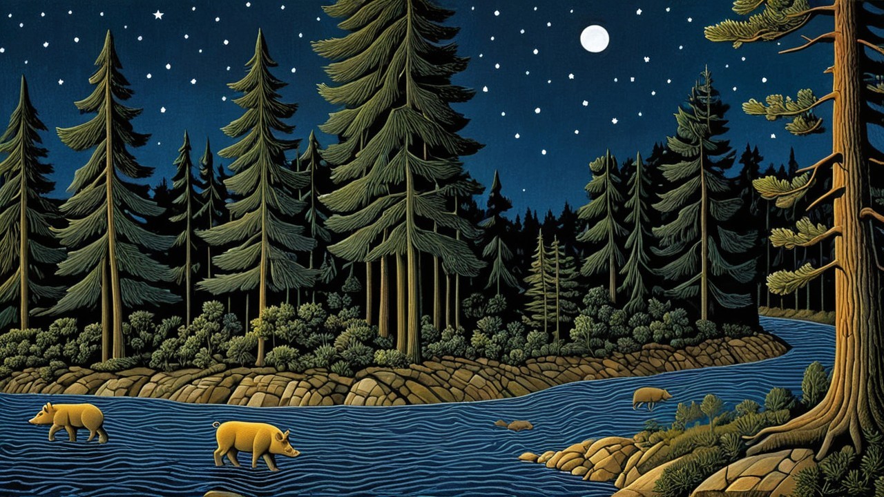 Serene forest scene with bears under a starry sky