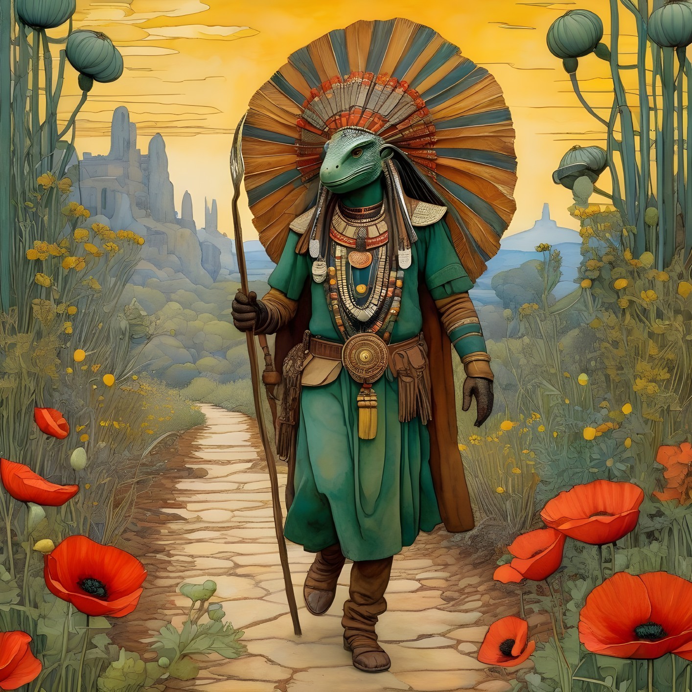 Humanoid Lizard Figure in Tribal Attire at Sunset