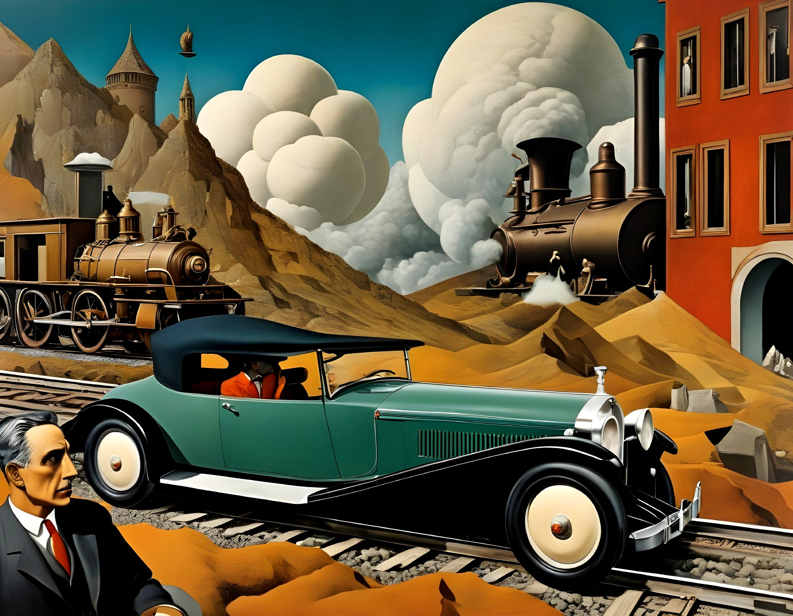 Vintage Car on Train Track with Surreal Landscape