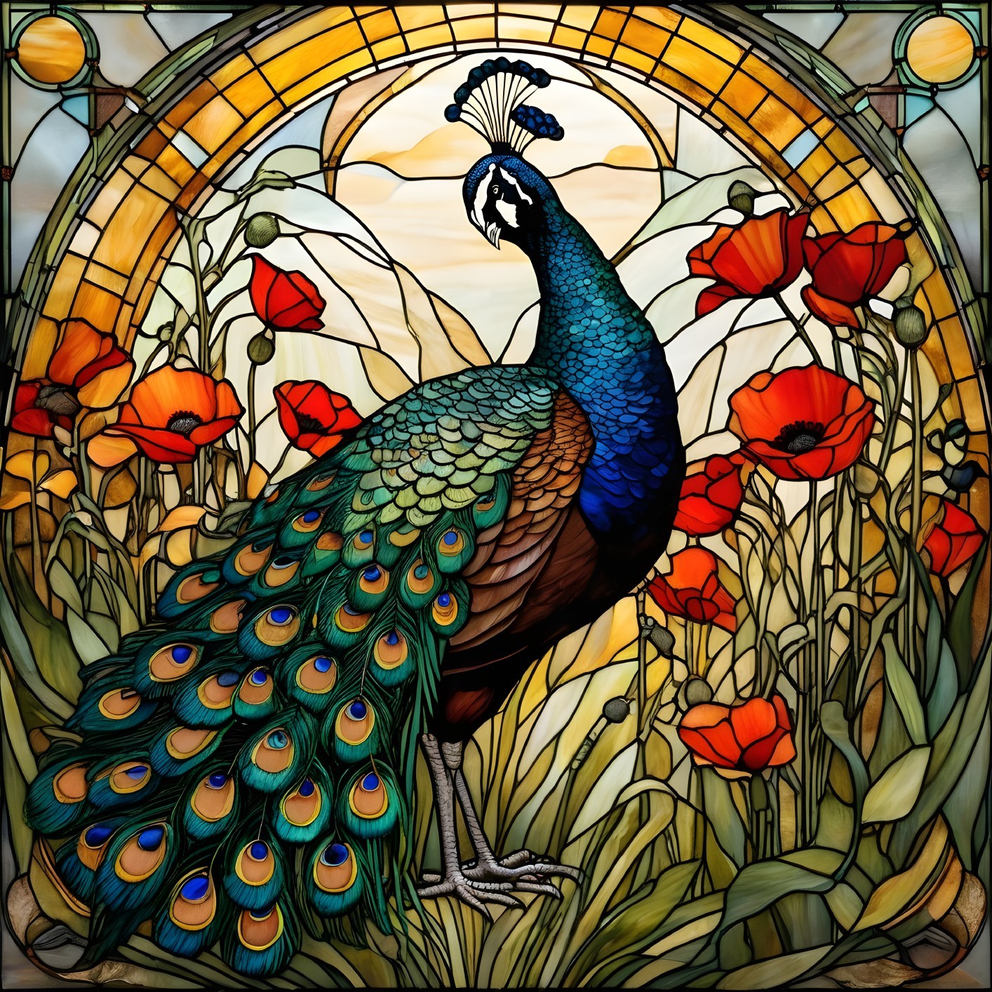 Vibrant Stained Glass Artwork of Peacock and Poppies