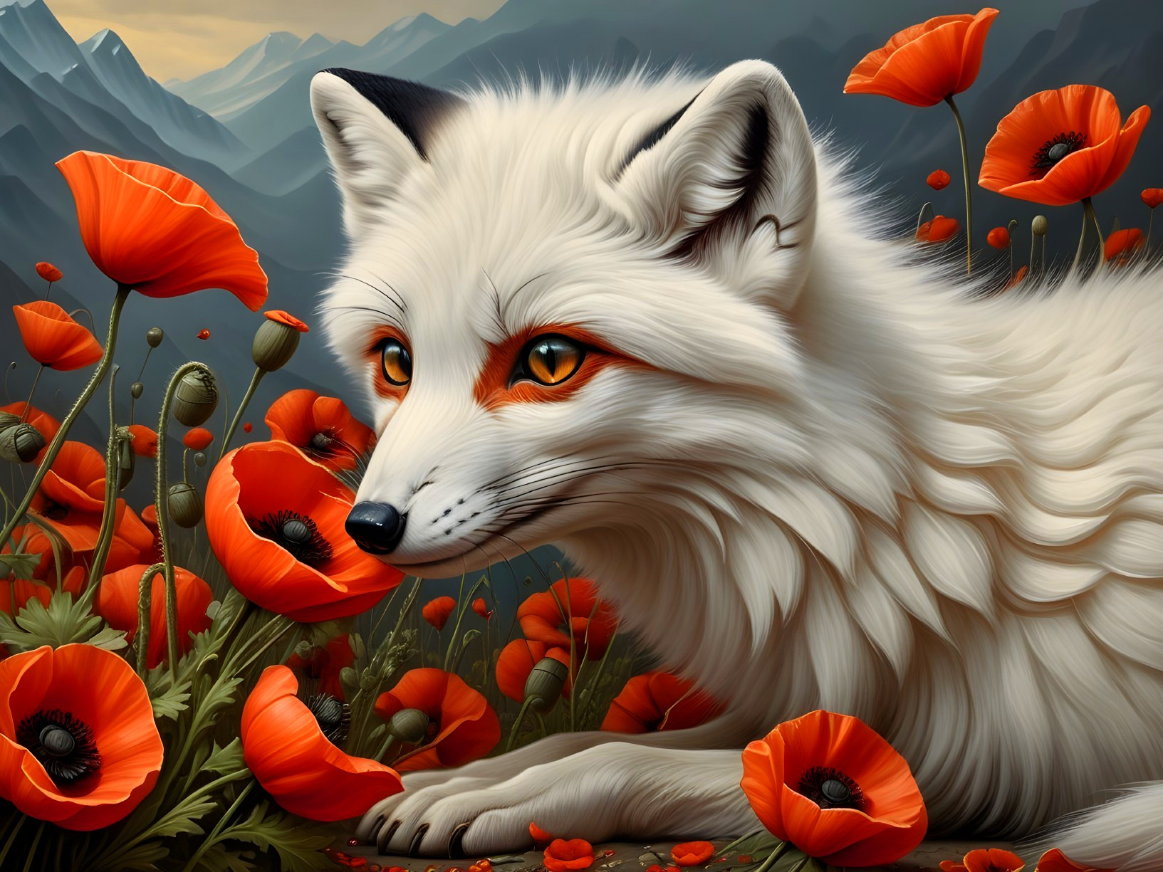 White Fox Amidst Red Poppies and Majestic Mountains