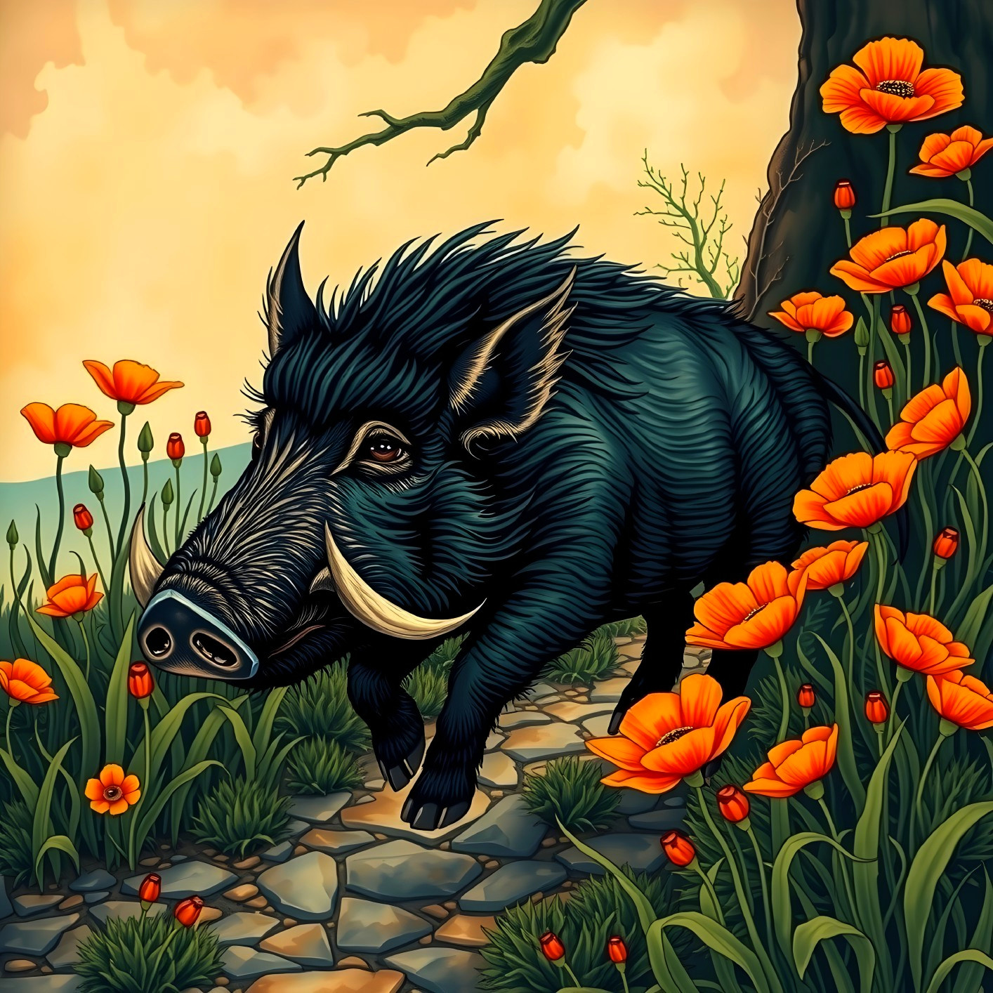 Wild Boar Illustration on Cobblestone Path with Poppies