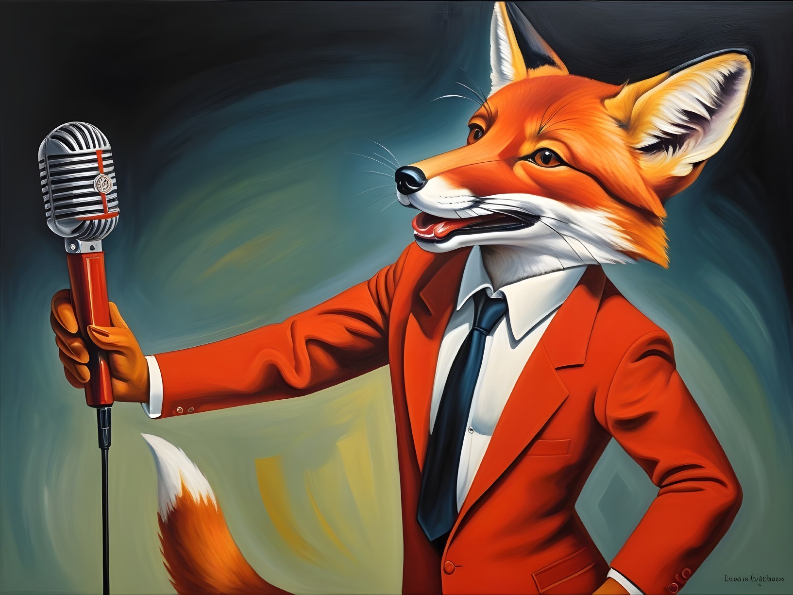 Whimsical Fox in Red Suit with Vintage Microphone