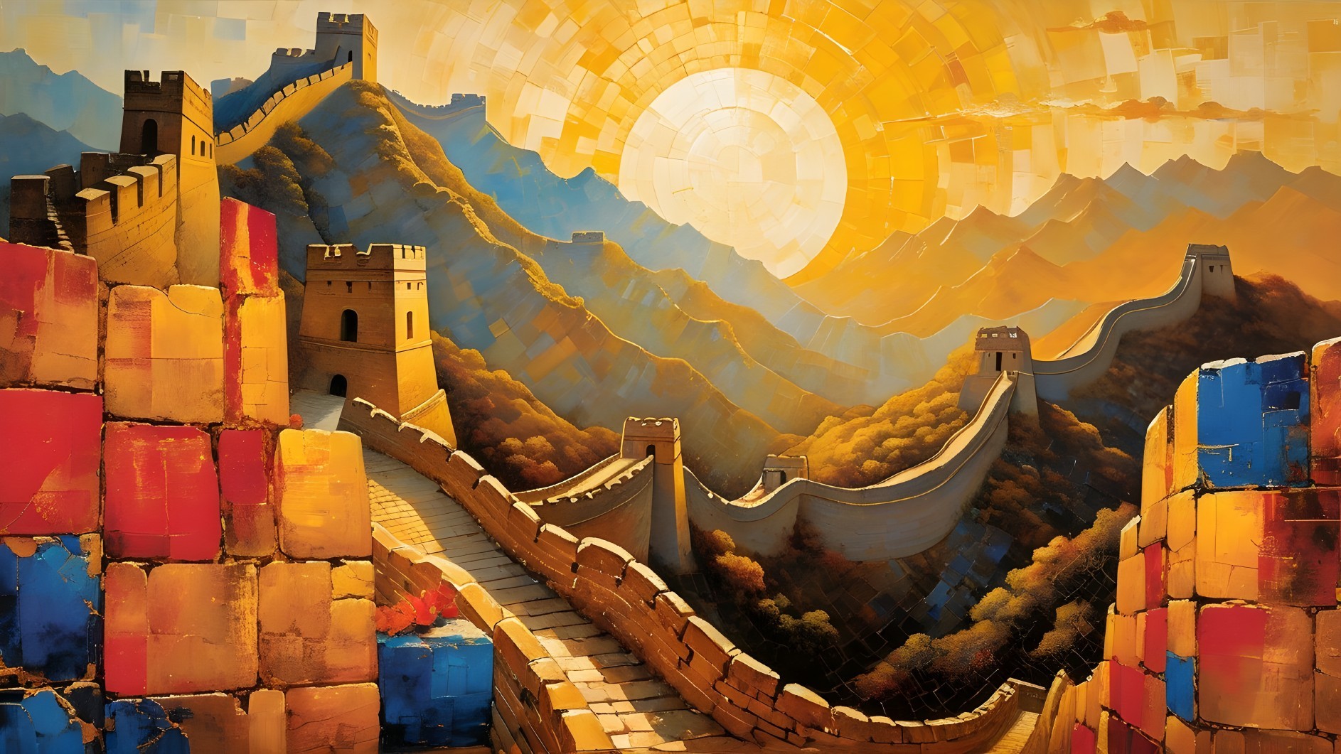 Vibrant Sunset Over the Great Wall of China