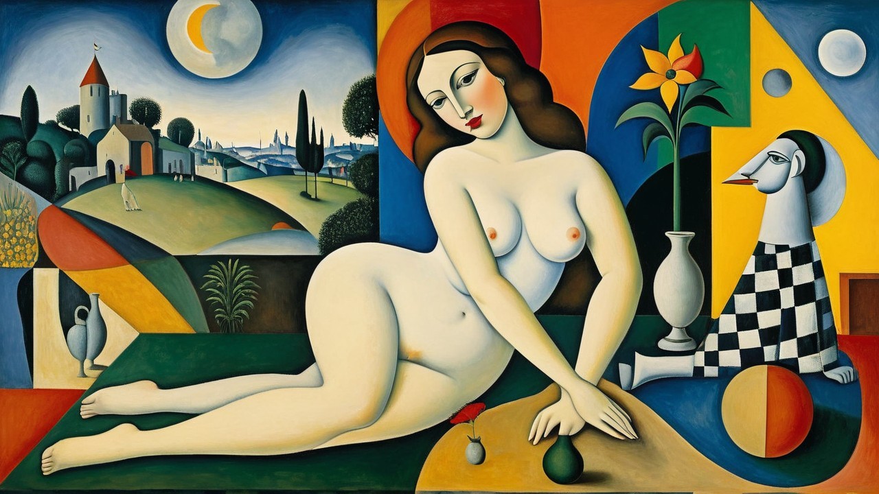 Reclining Nude Woman in Vibrant Geometric Landscape