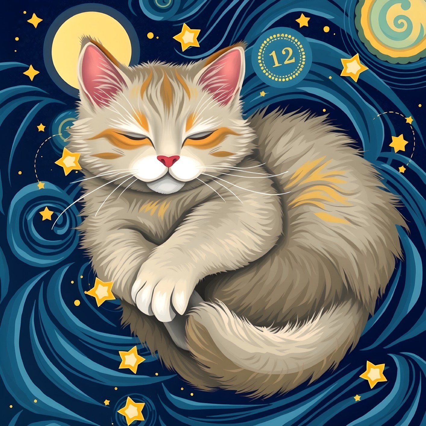 Whimsical Illustration of Cat Against Starry Background