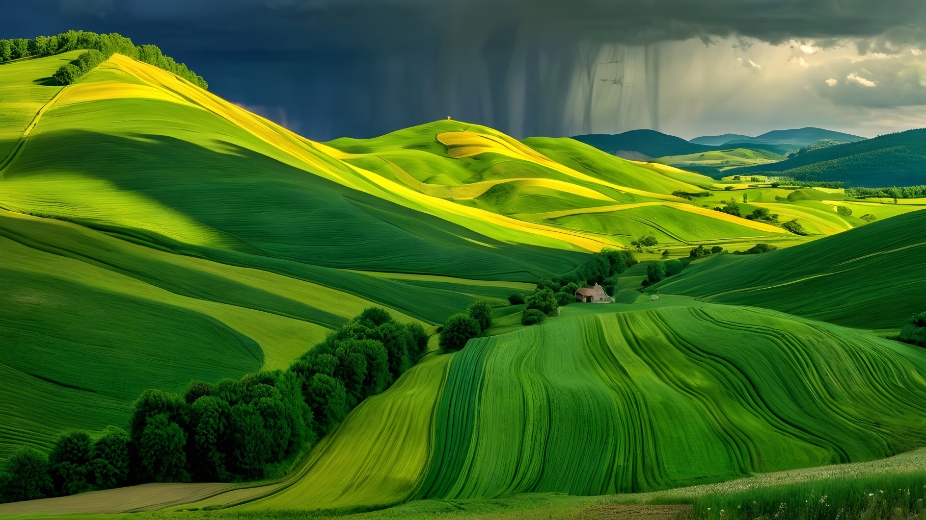 Vibrant Green Hills and Dramatic Skies Landscape