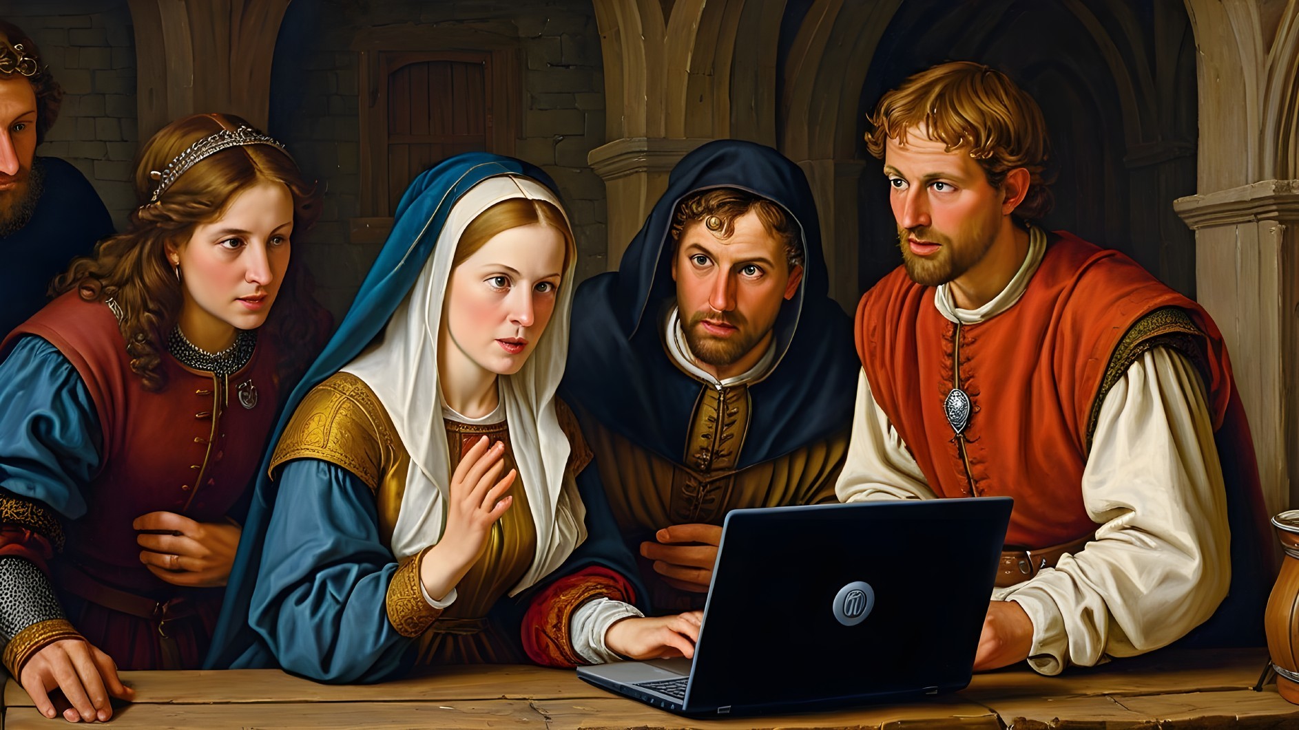 Medieval Figures Engaged Around a Laptop in Stone Room