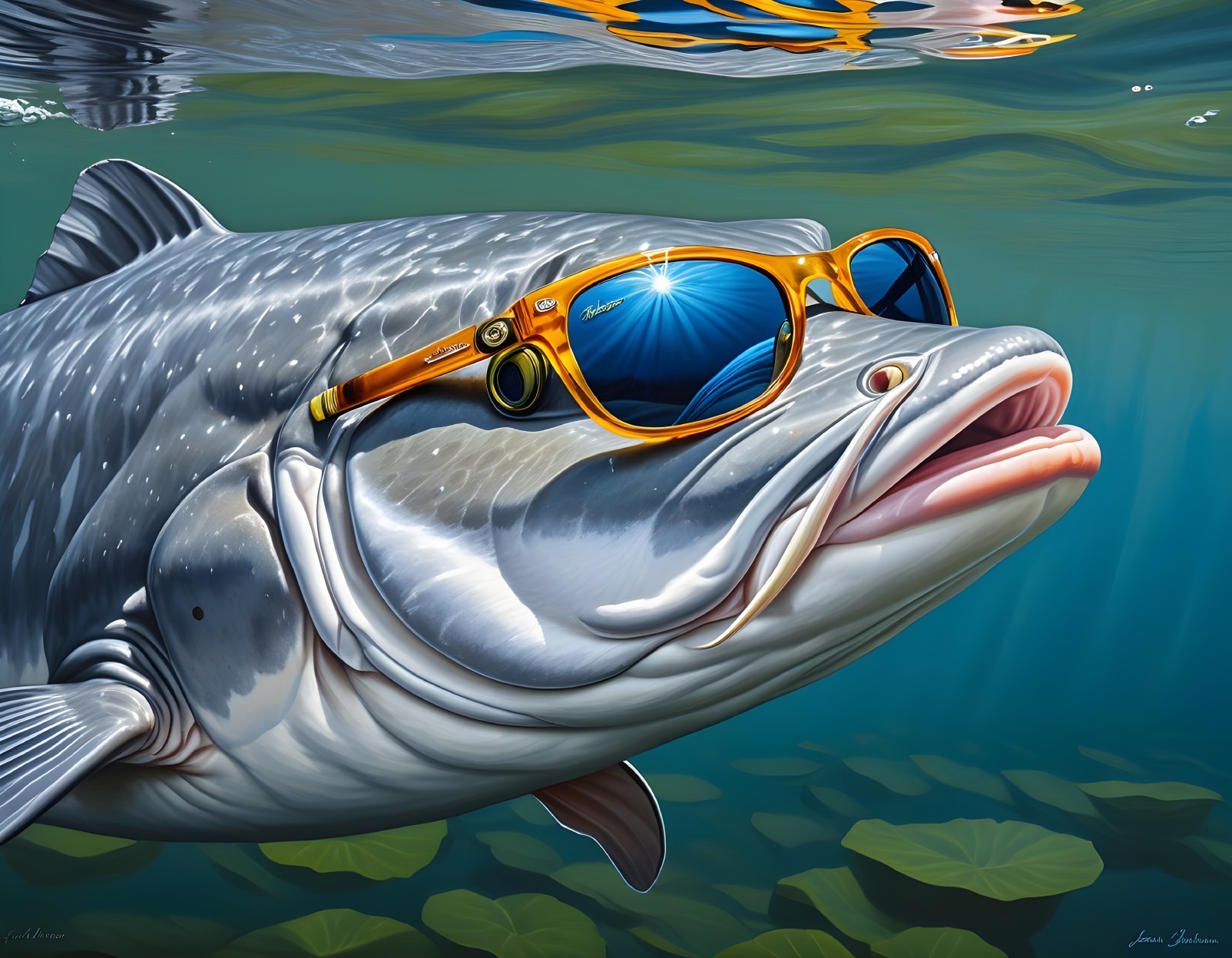 Large fish with orange sunglasses in clear water