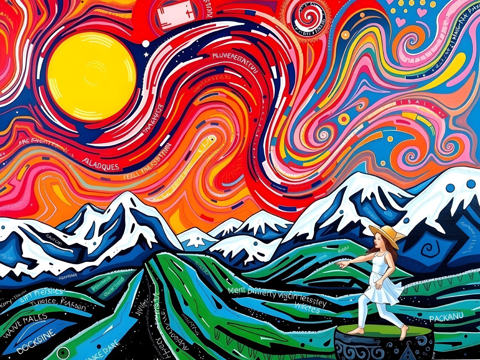 Vibrant Landscape with Woman and Snow-Capped Mountains