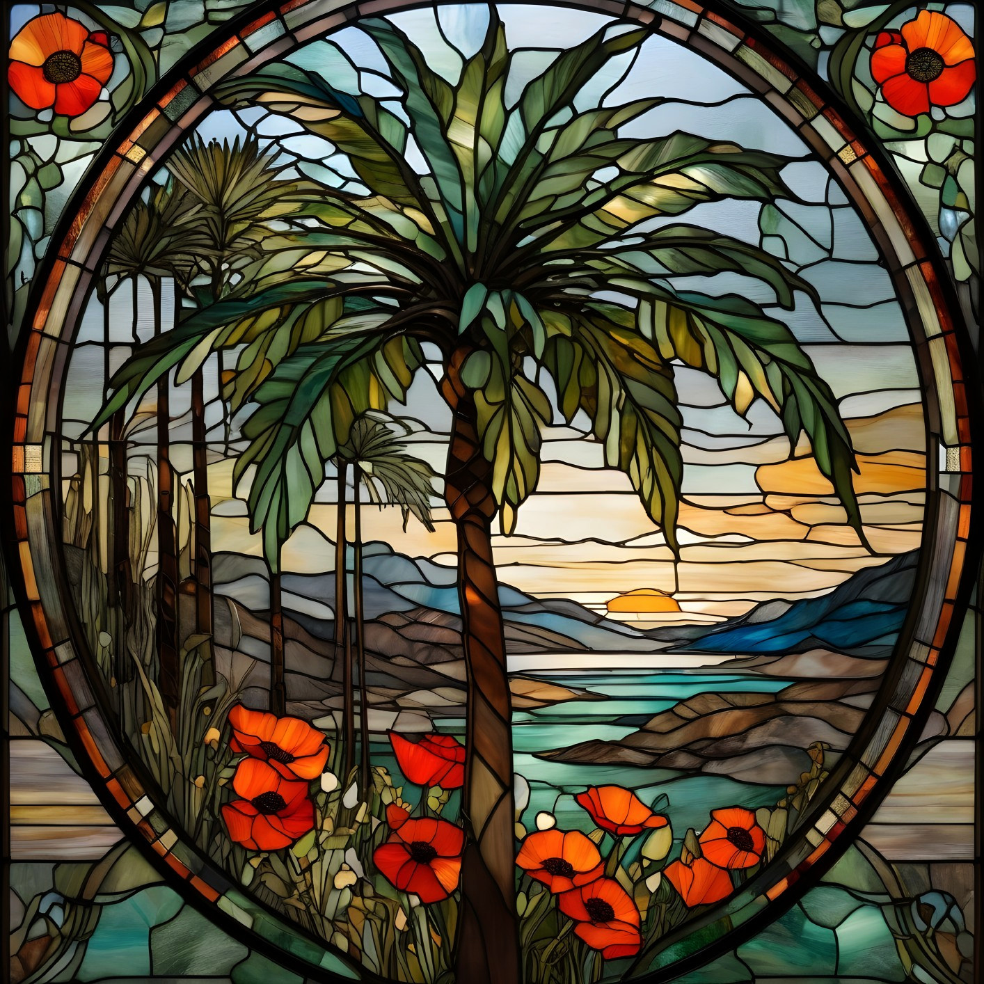 Vibrant Stained Glass Landscape with Palm Tree and Poppies