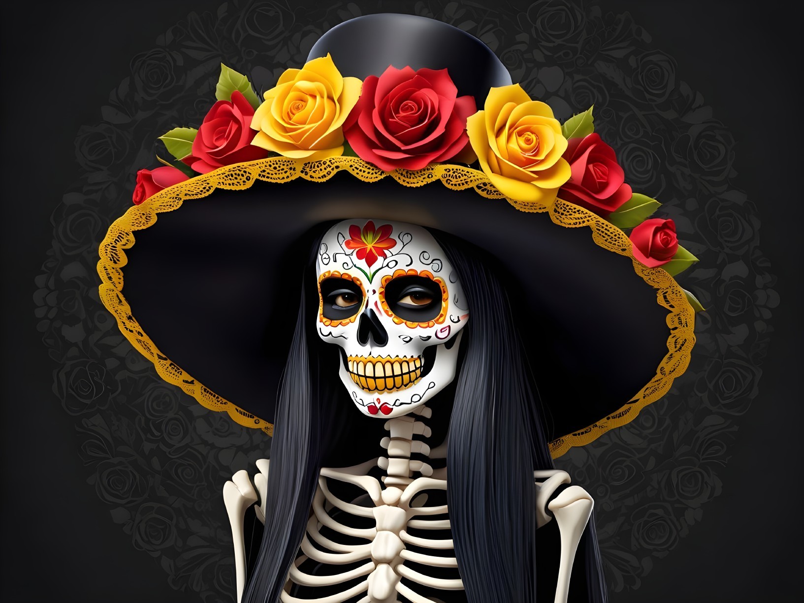 Decorated Skeleton Woman in Elegant Sombrero