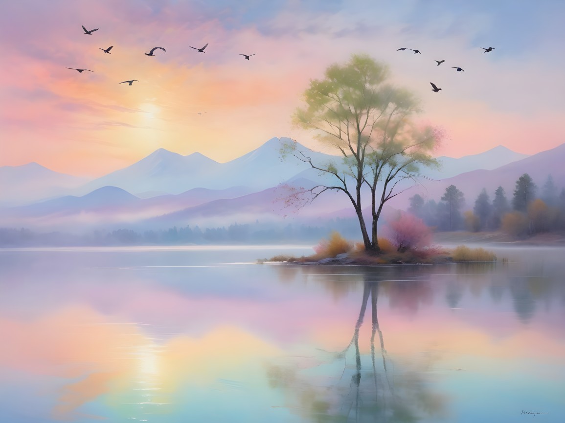 Tranquil Lake Landscape with Pastel Dawn Colors